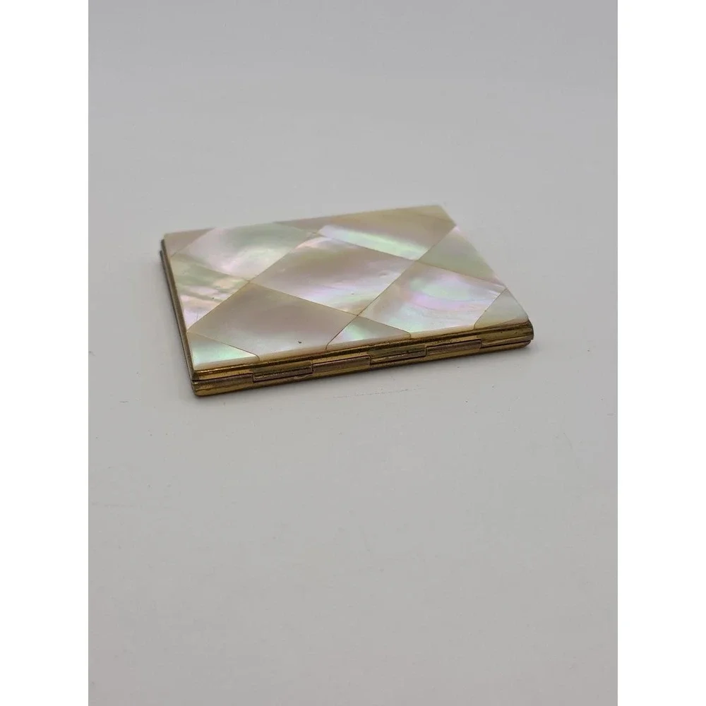 Vintage Elgin American Mother of Pearl Inlay Gold Tone Mirrored Powder Compact